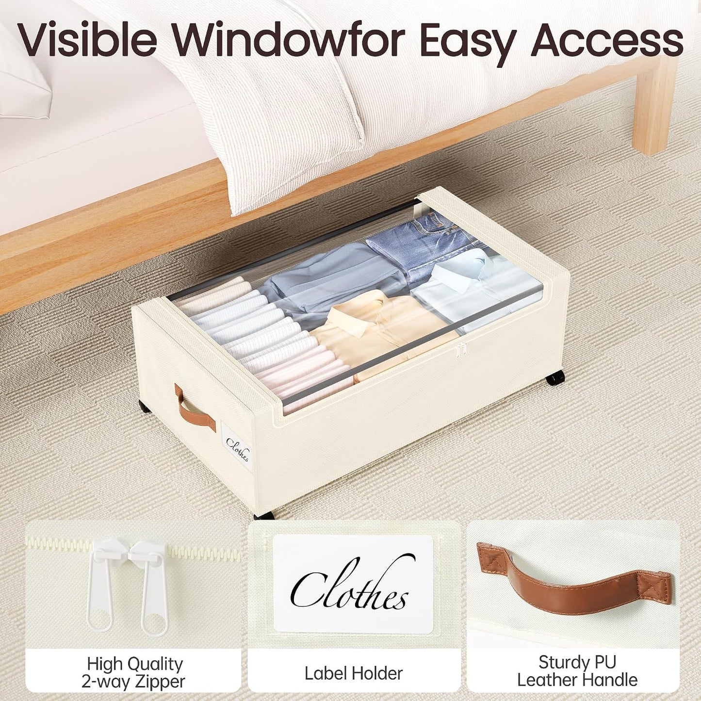 Yecaye Under Bed Storage with Wheels, 2 Pack Under Bed Storage Containers, 60L Underbed Shoe Storage with Clear Window & Label, Rolling Under Bed Metal Drawer for Clothes, Shoes, Books, Blankets