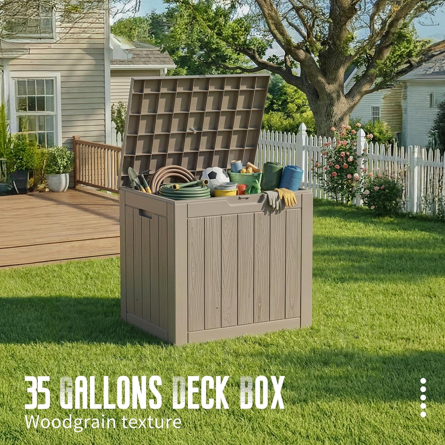 DRATO 35 Gallon Outdoor Storage Box Waterproof, Resin Small Deck Box for Patio Furniture Bench, Pool Garden Tools, Weatherproof Outside Storage Bin for Backyard Porch (Black, 35 Gallon)