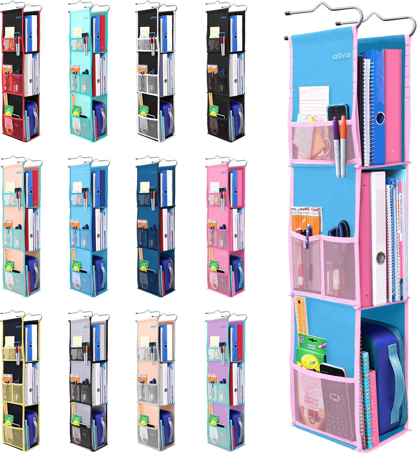 ABRA® 3 Shelf Hanging Locker Organizer for School, Gym, Work, Storage | Deep Shelves 6”x 9”| Eco-Friendly Fabric Healthy for Children | Adjustable School Locker Shelf 3 to 2 Shelves (Pink)