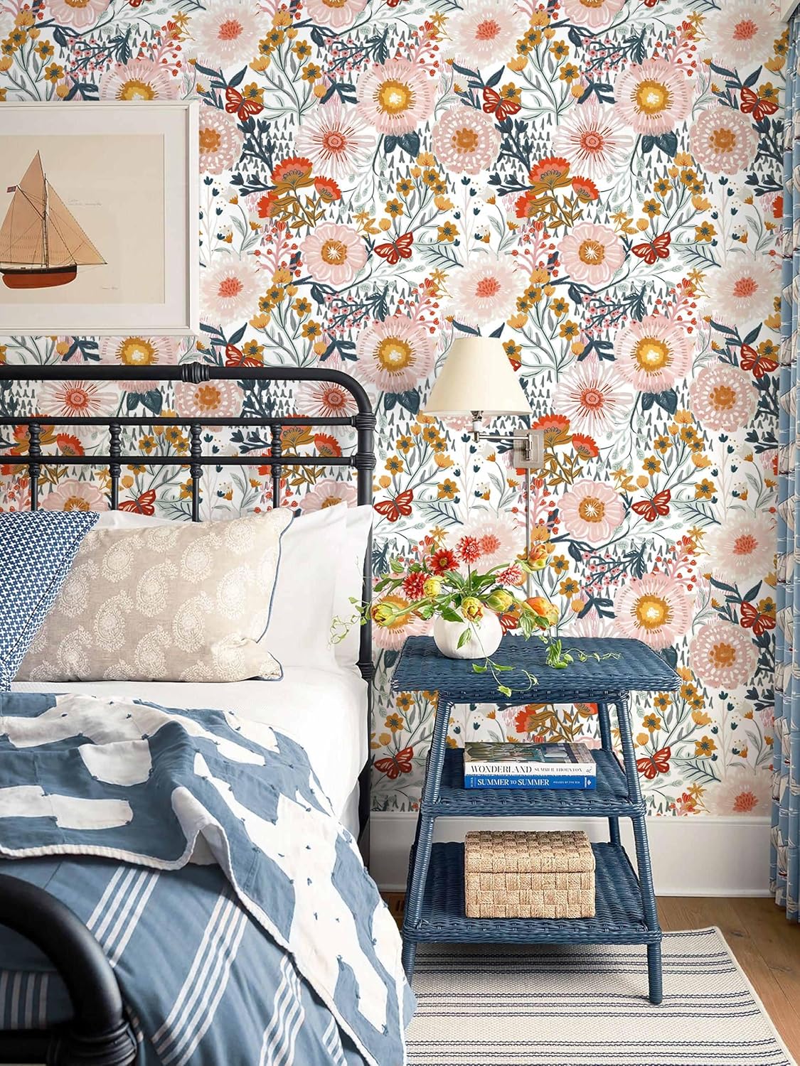Dimoon 17.3''x78.7'' Peel and Stick Wallpaper Floral Cute Contact Paper Vintage Village Country Cottage Wallpaper Farmhouse Yellow Beige Renter Friendly Geometry Waterproof Embossed Kitchen Bedroom