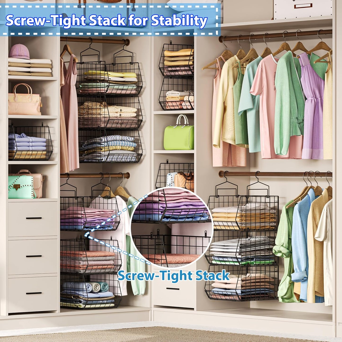 8-Tier Extended Depth Hanging Closet Organizers and Storage for Closet System, Stackable Closet Shelves with 4 Adjustable Dividers for Clothes Sweaters Purses, Wire Hanging Basket Fits Closet Laundry