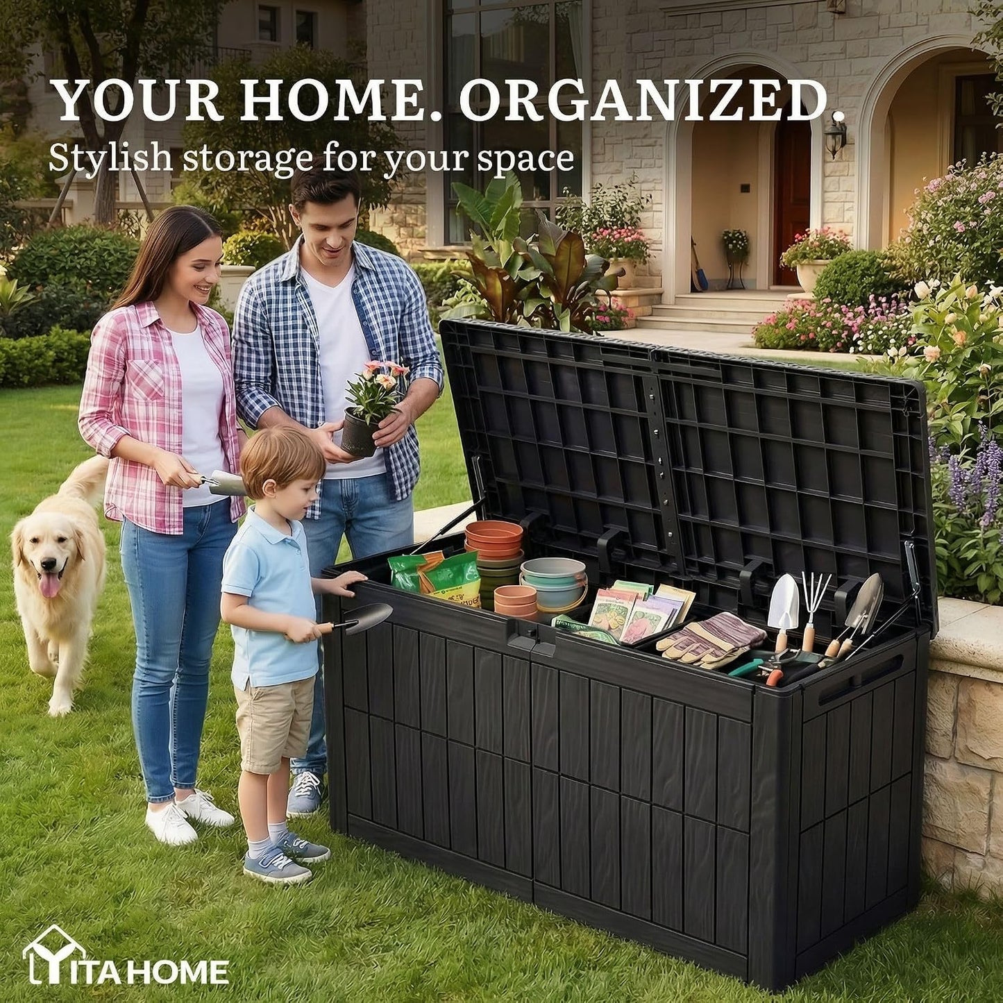 YITAHOME 134 Gallon Large Deck Box | Waterproof Resin Outdoor Storage Box with Lock, Doubles as 2-Person Bench Seating for Patio Furniture Cushions,Garden Tools &