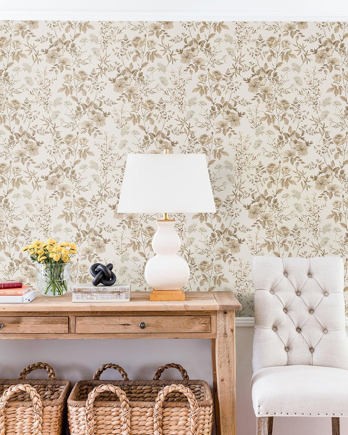 Erfoni 16.9" x118" Boho Floral Peel and Stick Wallpaper Beige Flower and Leaf Contact Paper Self Adhsive Removable Wallpaper Boho Botanical Wall Paper for Bedroom Cabinets Decor Vinyl Roll Waterproof