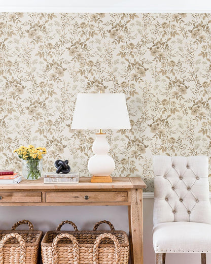 Erfoni 16.9" x118" Boho Floral Peel and Stick Wallpaper Beige Flower and Leaf Contact Paper Self Adhsive Removable Wallpaper Boho Botanical Wall Paper for Bedroom Cabinets Decor Vinyl Roll Waterproof