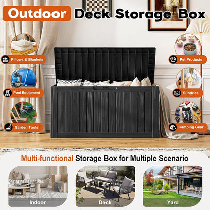Outdoor Storage Box, Resin Deck Boxes Indoor and outdoor, Waterproof Storage Box Lockable Lid (Black, 85 Gallon)