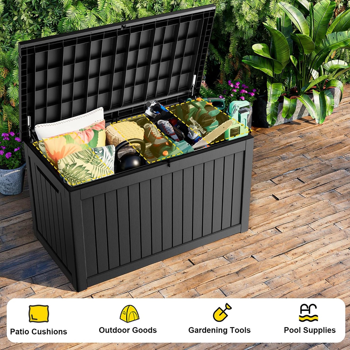 320 Gallon Outdoor Storage Box,Large Waterproof UV Resistant Deck Box,Lockable Storage Container for Patio Furniture Cushions Garden Tools and Pool Accessories(Black)