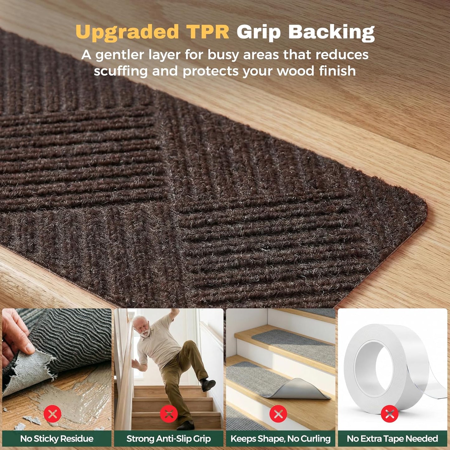 MBIGM 8" X 30" (15 in Pack) Non-Slip Carpet Stair Treads Non-Skid Safety Rug Slip Resistant Indoor Runner for Kids Elders & Pets with Reusable Adhesive - Dark Gray Diamond Weave