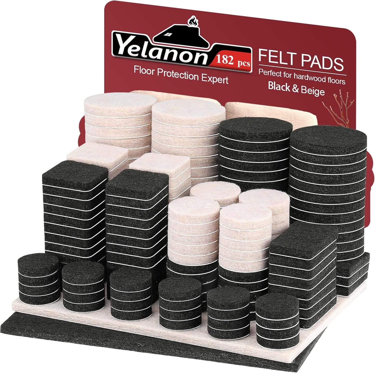 Yelanon Felt Furniture Pads -182 Pcs Premium Felt Pads for Chair Legs Furniture, Floor Protectors for Hardwood Floors, Black