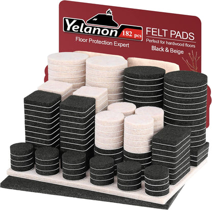 Yelanon Felt Furniture Pads -182 Pcs Premium Felt Pads for Chair Legs Furniture, Floor Protectors for Hardwood Floors, Black