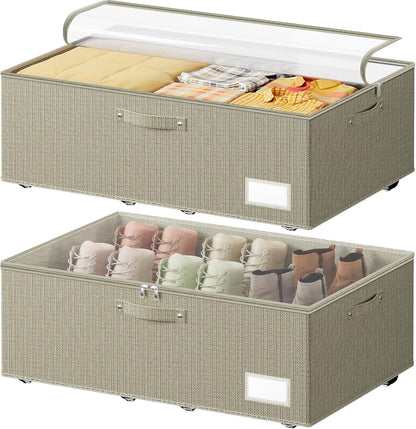 Dayacoco Under Bed Storage With Wheels,10in Underbed Storage Containers 65L | Large Capacity Underbed Storage, No Assembly Required Rolling Under Bed Storage for Clothes Blankets Shoes Beige