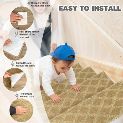 DEXDE Bullnose Stair Treads for Wooden Steps Non-Slip Stair Runner, 14 Pcs | Reusable bullnose carpet Stair Treads Indoor, Peel and Stick Stair Rugs with Edge Protection, Soft Washable, 30"x9.5" Grey