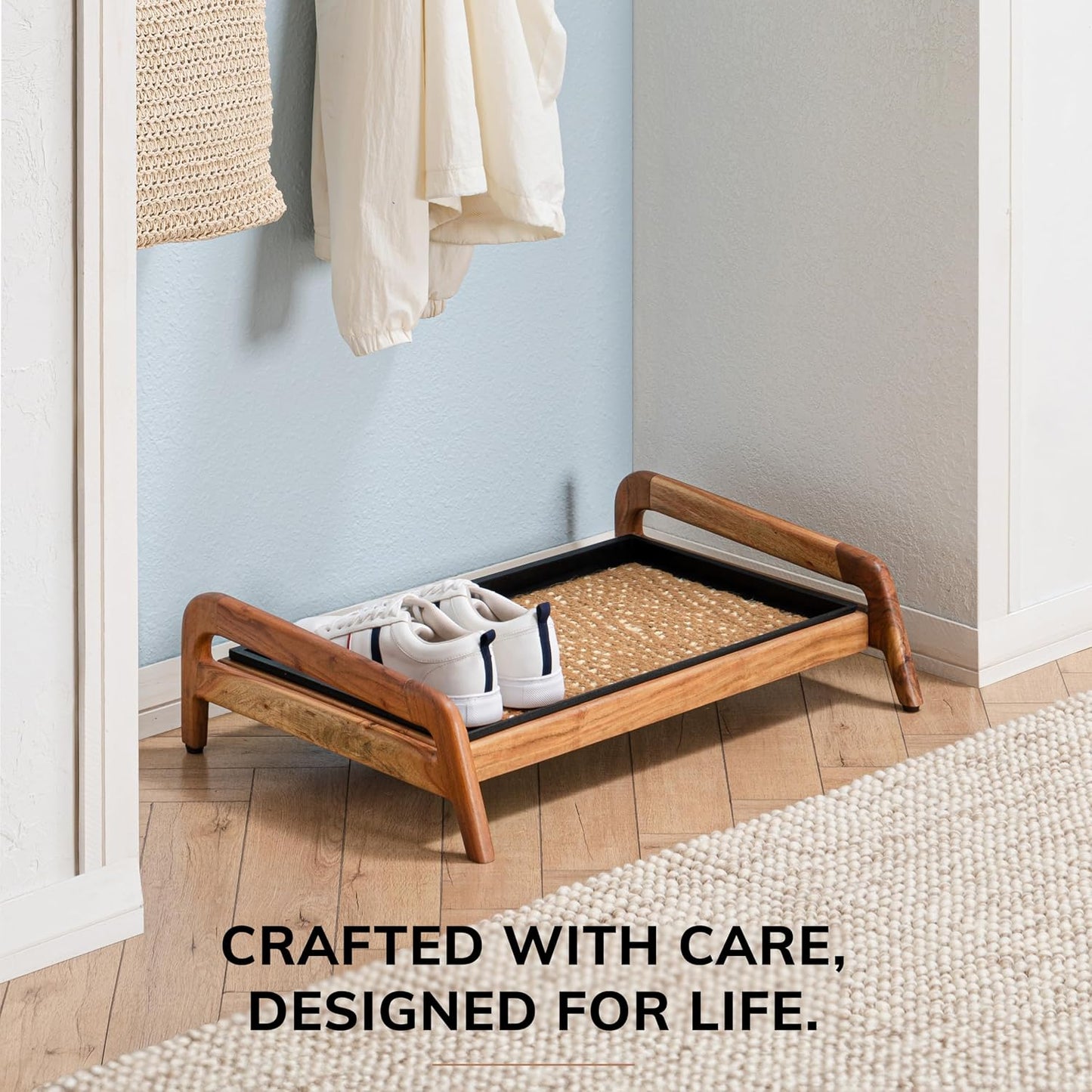 Anji Mountain Heavy Duty Waterproof Wooden Shoe Storage Mat Organizer/Boot Storage Tray Multi Use for Entryway with Coir, Tan Rectangle Embossed Insert, 1 Tier, Fits 2 Pair (26.5" Wide)