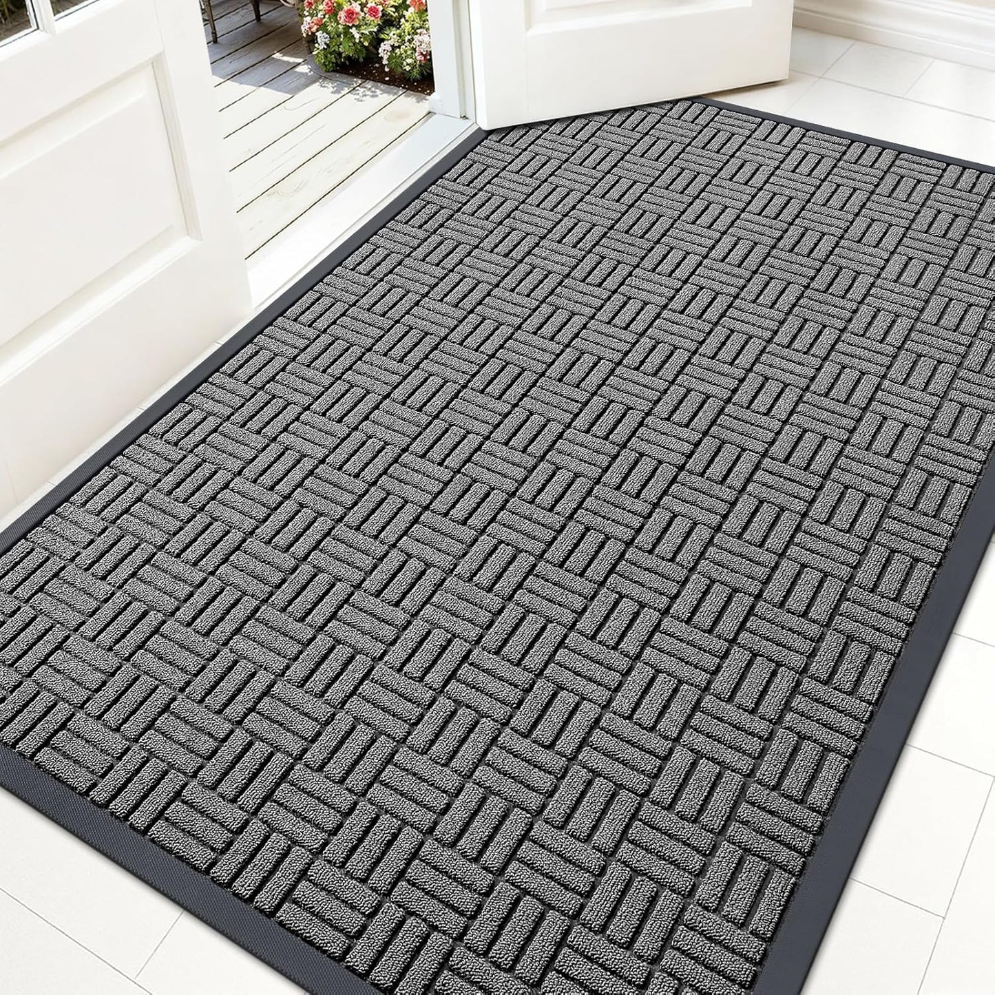 OLANLY Front Door Mat Outside Entrance 29.5x17, Absorbent, Heavy Duty Sturdy Natural Rubber Doormat Indoor Outdoor, Stain and Fade Resistant, Non-Slip Backing Low Profile Floor Mat for Entryway, Grey
