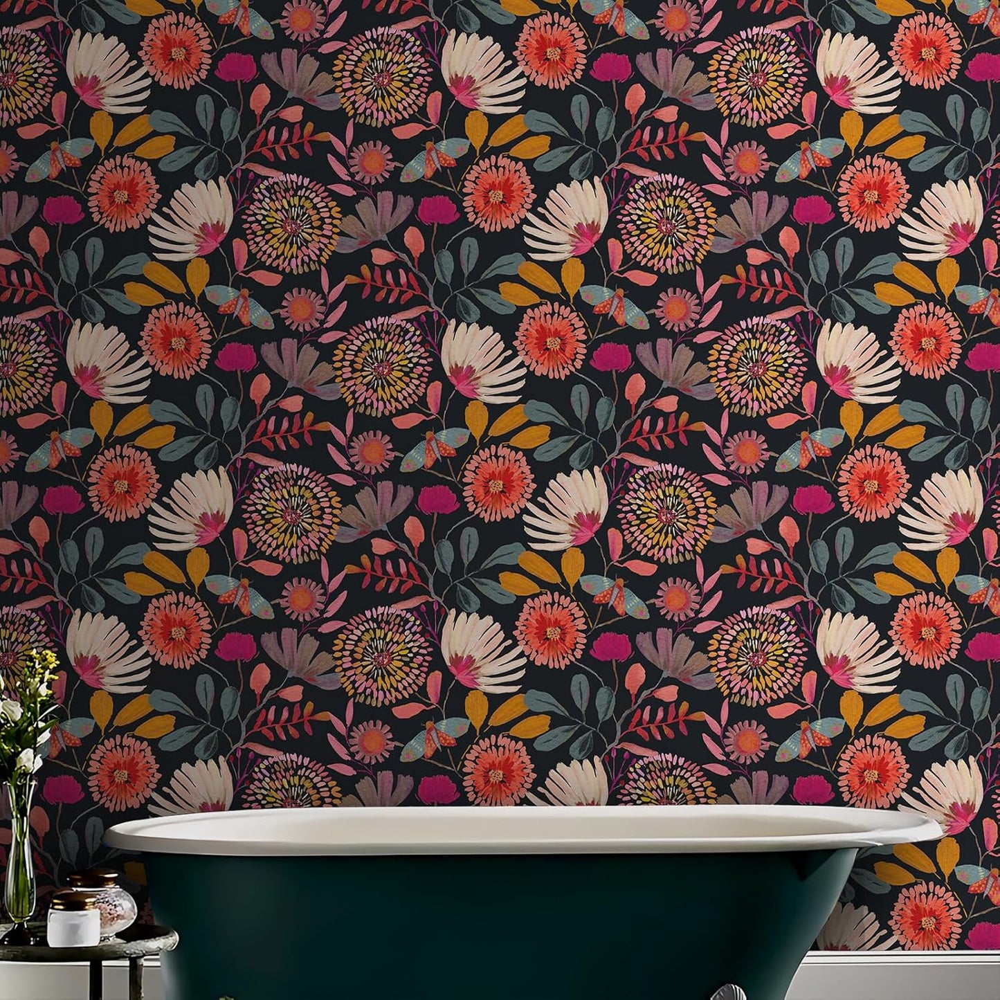 Wallpaper Peel and Stick Floral Wall Paper Removable Waterproof Navy/Pink/Orange Contact Paper for Bedroom, Bathroom,Bathroom, Home Wall 17.3" x 118"