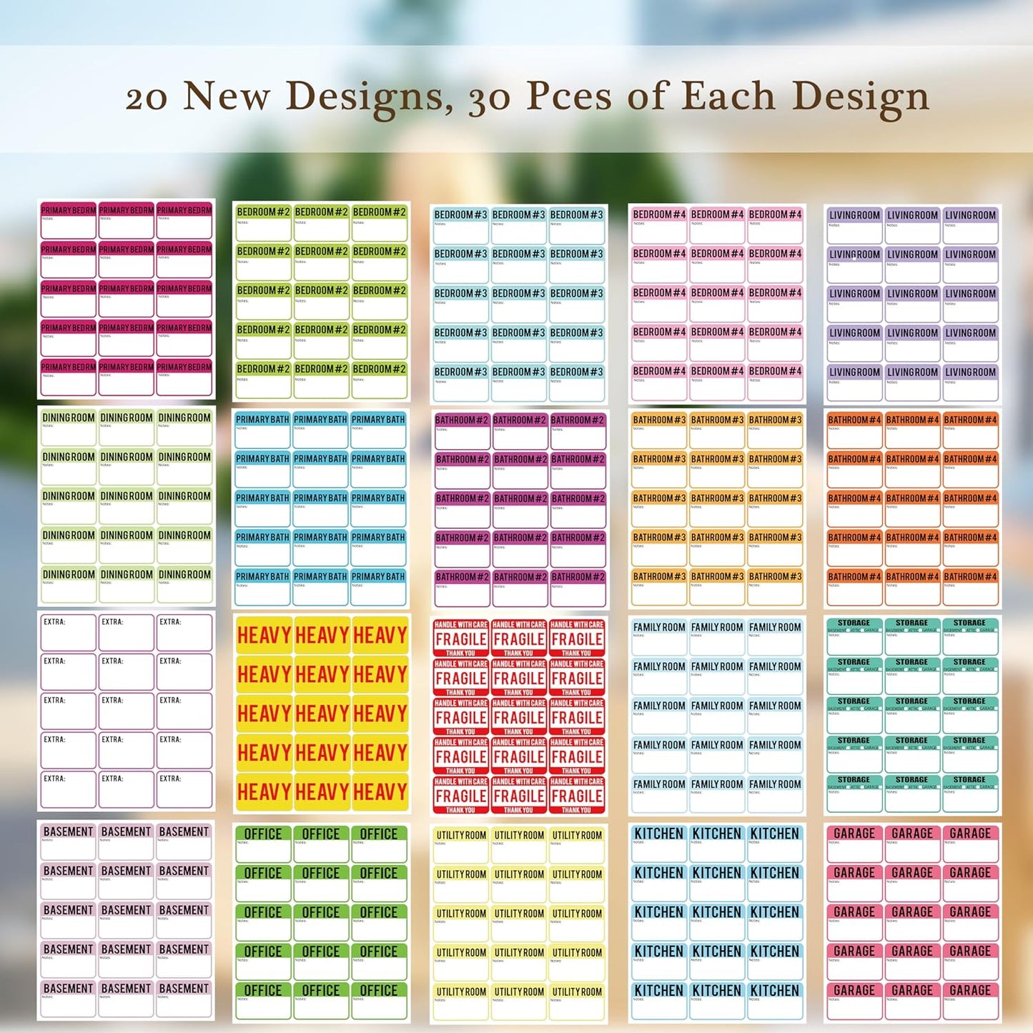 600 Pcs Moving Labels for Boxes, 3 x 2 Packing Labels for 3-4 Bedroom House, 20 Designs Including Fragile and Heavy Stickers
