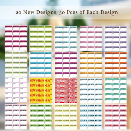 600 Pcs Moving Labels for Boxes, 3 x 2 Packing Labels for 3-4 Bedroom House, 20 Designs Including Fragile and Heavy Stickers