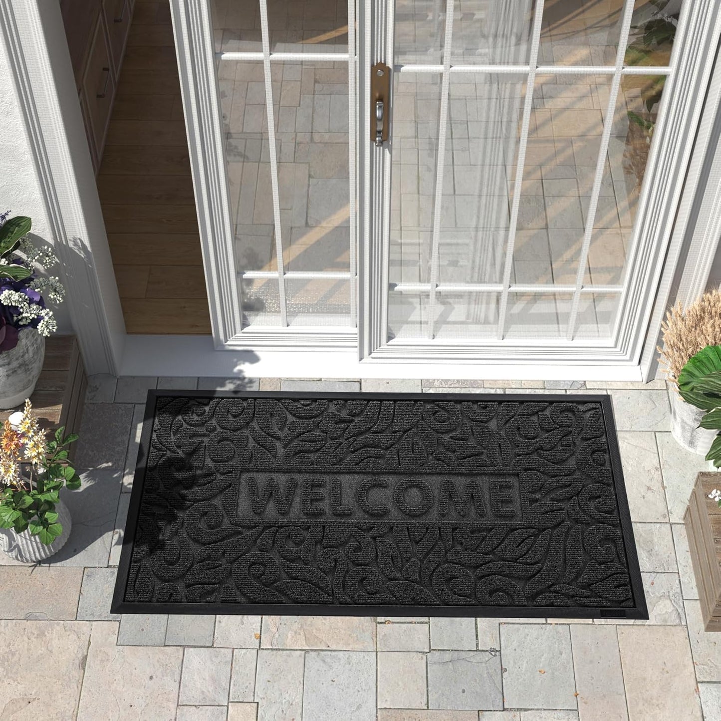 Yimobra Welcome Mat Outdoor 29.5x17, Waterproof Non-Slip Outdoor Mats for Front Door Outside Entrance, Low-Profile Entryway Mat Indoor for Garage Patio, Black