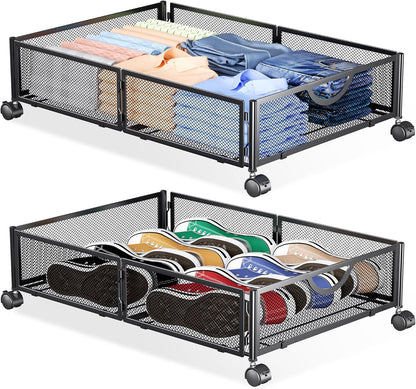 Yecaye Under Bed Storage with Wheels, 2 Pack Under Bed Shoe Storage Organizer Drawer, Tool-free Assembly Metal Underbed Storage Containers for Clothes, Shoes, Toys, Black