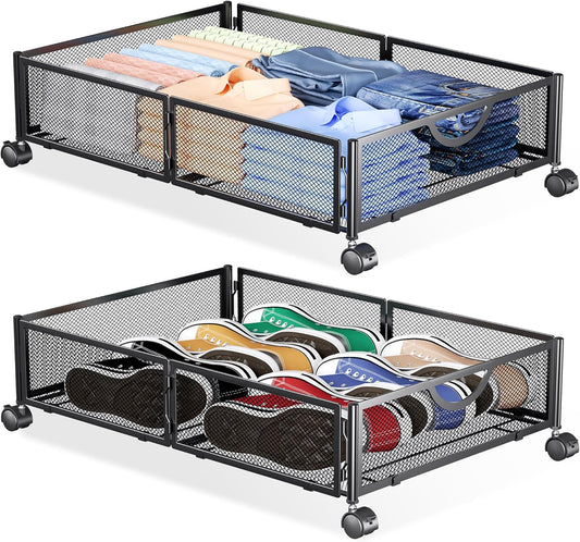 Yecaye Under Bed Storage with Wheels, 2 Pack Under Bed Shoe Storage Organizer Drawer, Tool-free Assembly Metal Underbed Storage Containers for Clothes, Shoes, Toys, Black