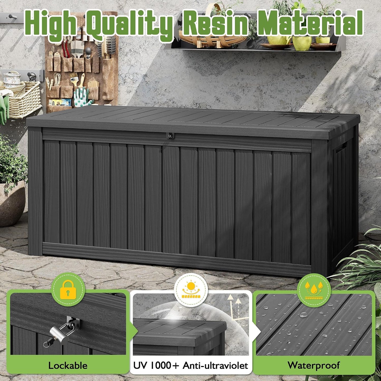 Outdoor Storage Box, 45 Gallon Deck Box with Lockable Lid, Waterproof Resin Storage Bin for Cushions, Garden Tools, Patio Furniture, Grey