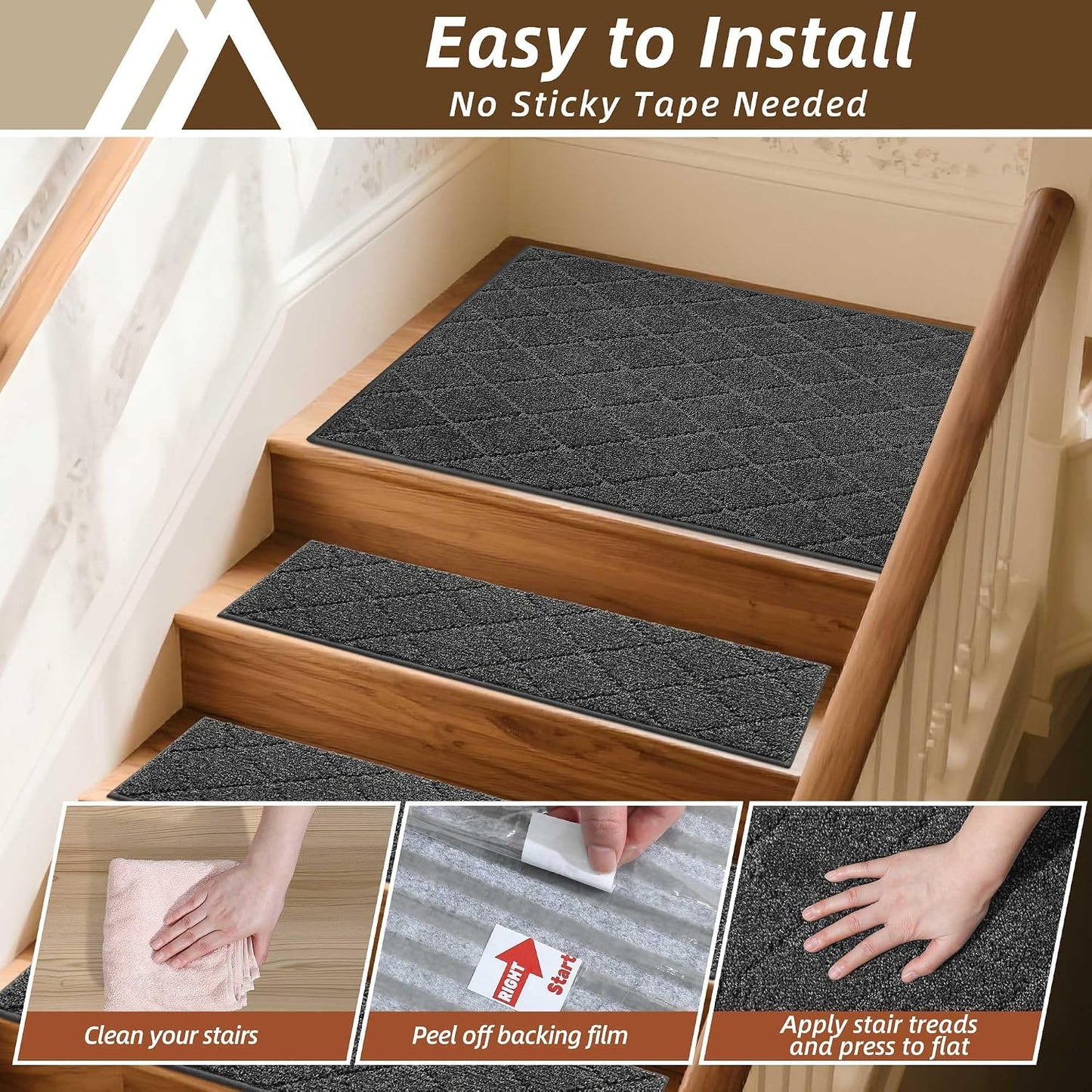 COSY HOMEER Edging Stair Treads Non-Slip Carpet Mat 28inX9in Indoor Stair Runners for Wooden Steps, Edging Stair Rugs for Kids and Dogs, 100% Polyester TPE Backing(4pc, Beige)