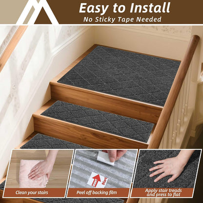COSY HOMEER Edging Stair Treads Non-Slip Carpet Mat 28inX9in Indoor Stair Runners for Wooden Steps, Edging Stair Rugs for Kids and Dogs, 100% Polyester TPE Backing(4pc, Beige)