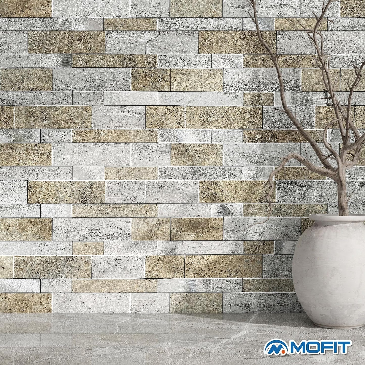 MOFIT Backsplash Tile for Kitchen Peel and Stick Stone Matte Finish,Bathroom Tiles Stickers 3D Wall Panel Linear Mosaic Marble Backsplash Waterproof(10sheets,Blue Green Gray)