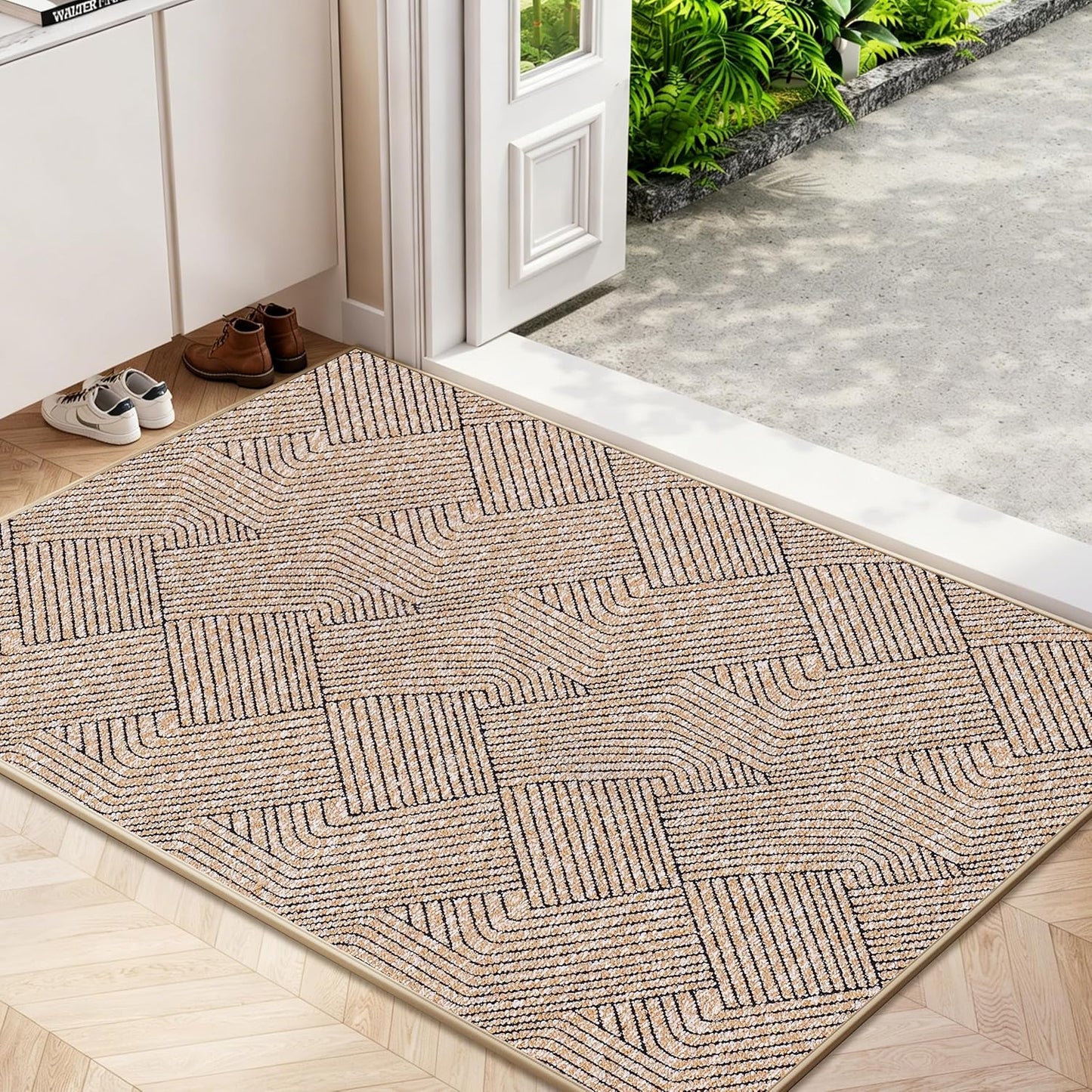 Indoor Door Mat 17"x30", Low-Profile Thin Welcome Front Door Mat Indoor Entrance, Non Slip Rubber Backing Inside Doormat Washable Entryway Dirt Resistant & Absorbent Entry Mat, Light-Brown