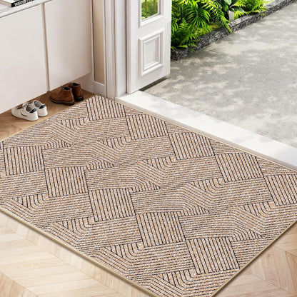 Indoor Door Mat 17"x30", Low-Profile Thin Welcome Front Door Mat Indoor Entrance, Non Slip Rubber Backing Inside Doormat Washable Entryway Dirt Resistant & Absorbent Entry Mat, Light-Brown