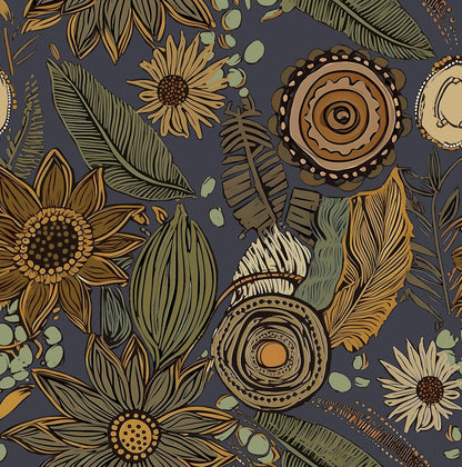 Blue Wallpaper Peel and Stick,Vintage Boho Floral Contact Paper 17.5" x 118", Retro Botanical Flower Wall Paper Self Adhesive Removable Waterproof for Walls Shelves Cabinet Table (Blue,Yellow, Green)
