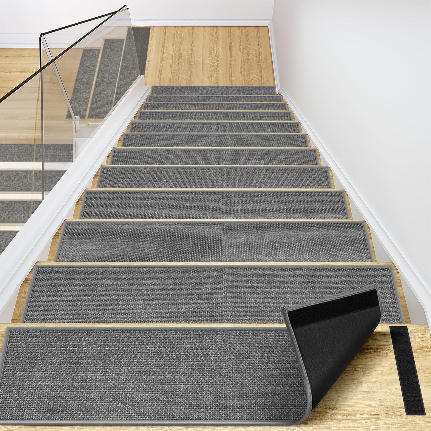 Peel and Stick Carpet Stair Treads for Wooden Steps Set of 15, Non Slip Adhesive Jute Stair Mats Indoor, Rubber Backing Safety Step Pads Mats, Grey, 8"x30"