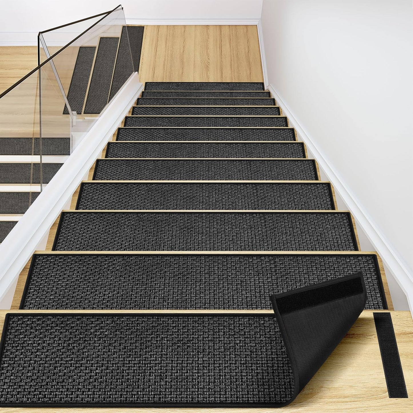 Peel and Stick Carpet Stair Treads for Wooden Steps Set of 15, Non Slip Adhesive Jute Stair Mats Indoor, Rubber Backing Safety Step Pads Mats, Grey, 8"x30"