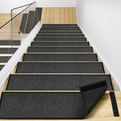 Peel and Stick Carpet Stair Treads for Wooden Steps Set of 15, Non Slip Adhesive Jute Stair Mats Indoor, Rubber Backing Safety Step Pads Mats, Grey, 8"x30"