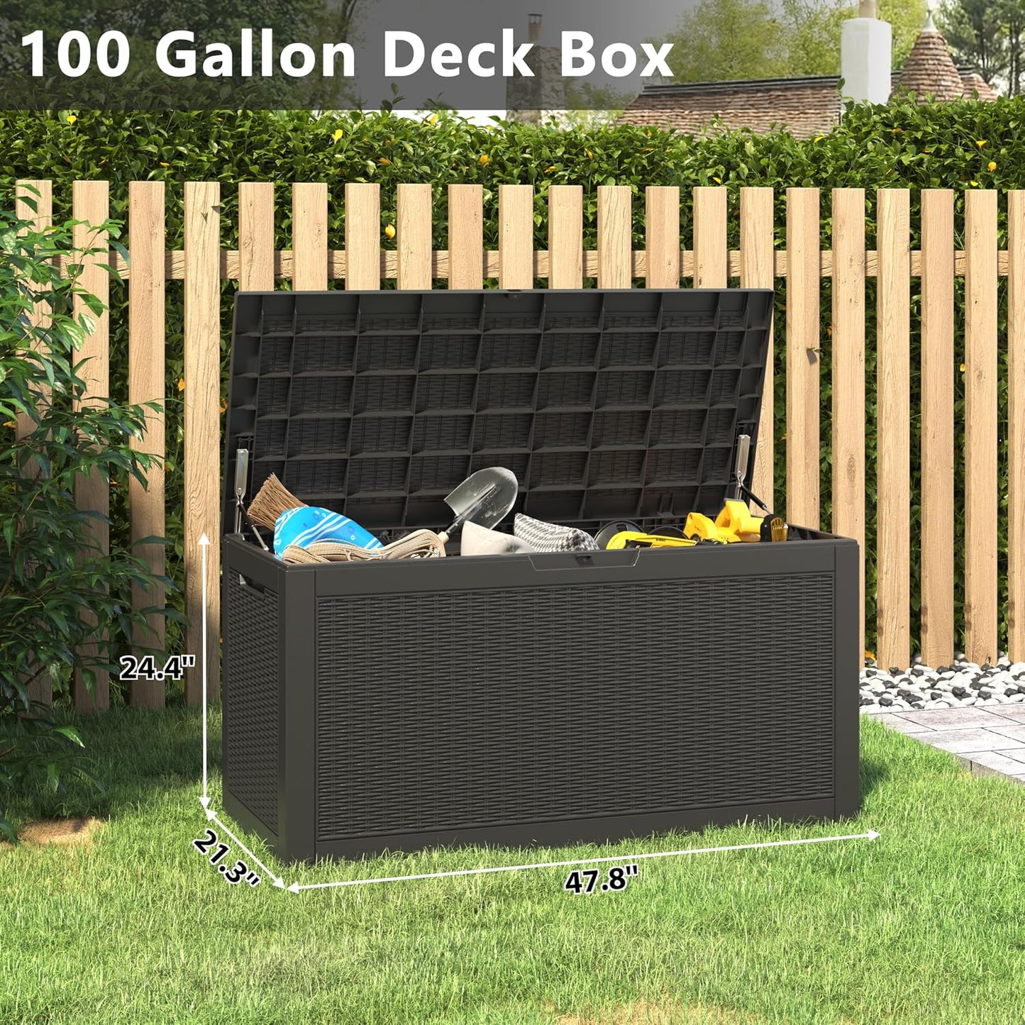 NUNU LAB Outdoor Storage Box, 45 Gallon Outside Deck Box Waterproof, Resin Outdoor Storage Cabinet With Lockable Lid, Backyard Storage Bench For Garden Tools, Patio Cushions, Pool Tools, Black