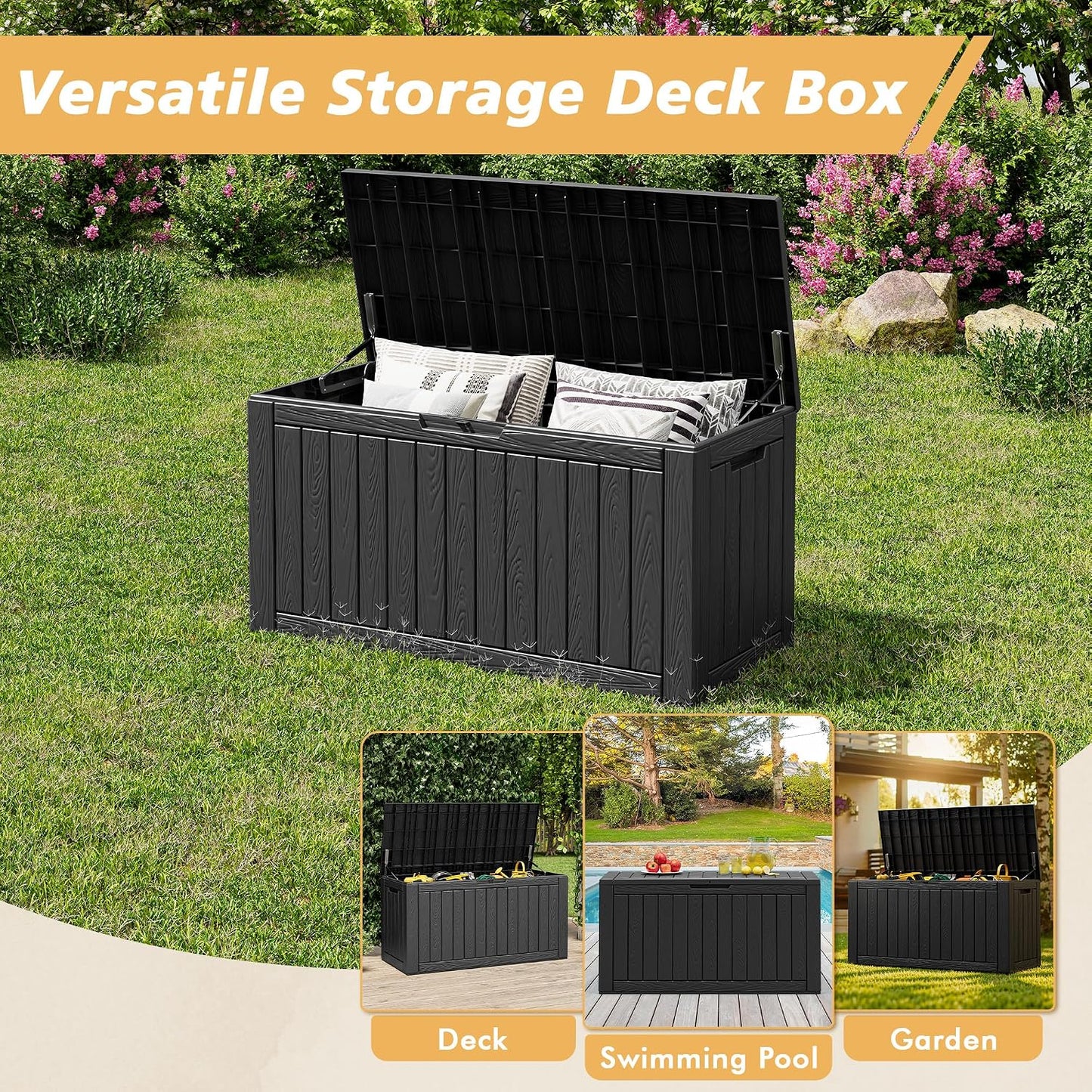 Fancyango 75 Gallon Outdoor Deck Box Waterproof, Large Storage Box for Patio, Resin Storage Bench Lockable for Garden Tools, Package Delivery, Black