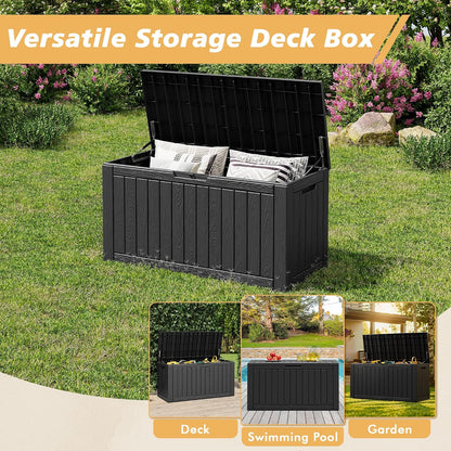 Fancyango 75 Gallon Outdoor Deck Box Waterproof, Large Storage Box for Patio, Resin Storage Bench Lockable for Garden Tools, Package Delivery, Black