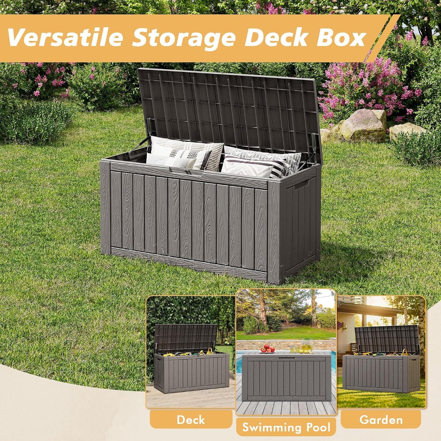 Fancyango 75 Gallon Outdoor Deck Box Waterproof, Large Storage Box for Patio, Resin Storage Bench Lockable for Garden Tools, Package Delivery, Black