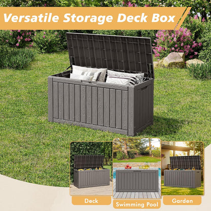 Fancyango 75 Gallon Outdoor Deck Box Waterproof, Large Storage Box for Patio, Resin Storage Bench Lockable for Garden Tools, Package Delivery, Black