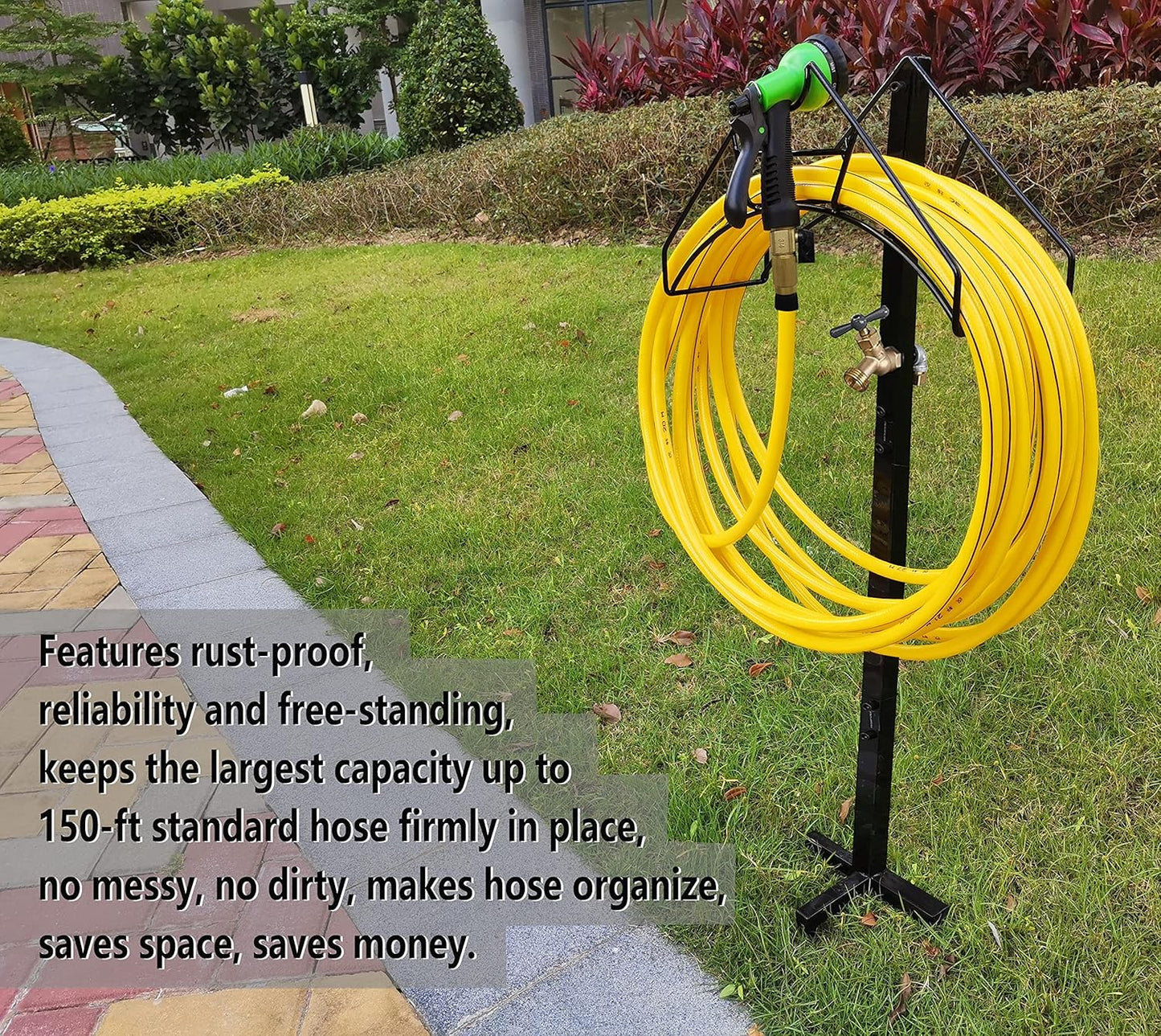 Artigarden Freestanding Garden Hose Holder Hanger, Outdoor Heavy Duty Metal Water Hose Storage Holders Stand Organizer Rack Detachable Stake, Holds 150 Ft of Hoses for Outside Lawn Yard, Black