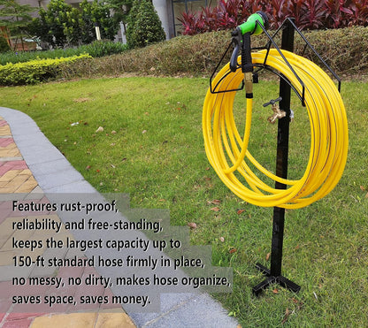 Artigarden Freestanding Garden Hose Holder Hanger, Outdoor Heavy Duty Metal Water Hose Storage Holders Stand Organizer Rack Detachable Stake, Holds 150 Ft of Hoses for Outside Lawn Yard, Black