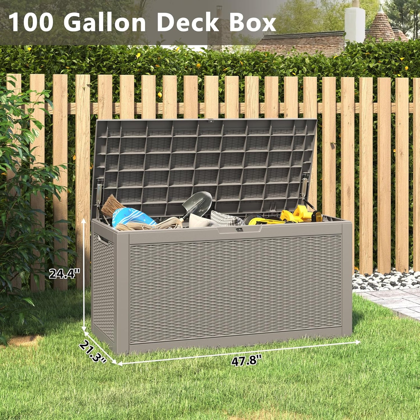 NUNU LAB Outdoor Storage Box, 45 Gallon Outside Deck Box Waterproof, Resin Outdoor Storage Cabinet With Lockable Lid, Backyard Storage Bench For Garden Tools, Patio Cushions, Pool Tools, Black