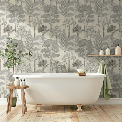Safiyya Peel and Stick Wallpaper Beige Forest Contact Paper 17.3" x 118" Vintage Tree Wall Paper Renter Friendly Self Adhesive Removable Wallpaper for Bathroom Vinyl Off-White