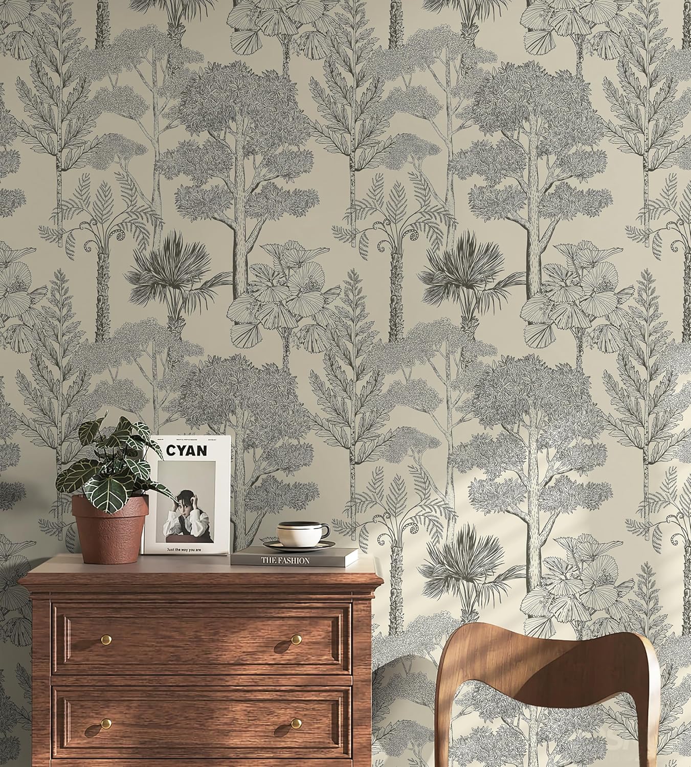 Safiyya Peel and Stick Wallpaper Beige Forest Contact Paper 17.3" x 118" Vintage Tree Wall Paper Renter Friendly Self Adhesive Removable Wallpaper for Bathroom Vinyl Off-White