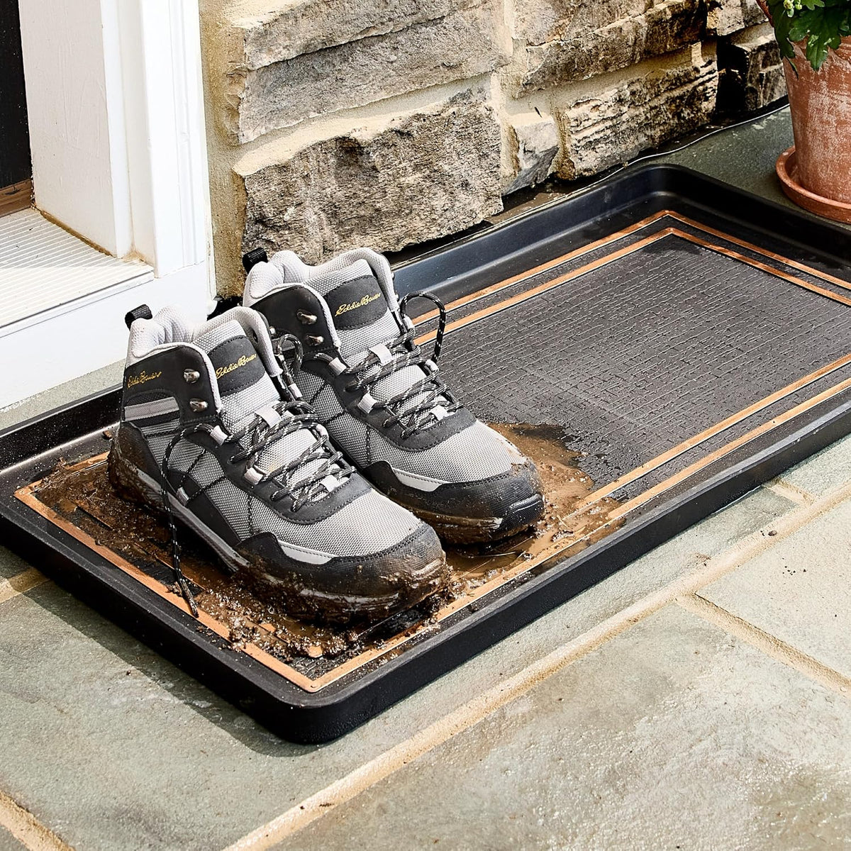 Eddie Bauer Rubber Boot Tray – Lake Waves Design, 16"x32", Black – Waterproof Entryway Boot Mat