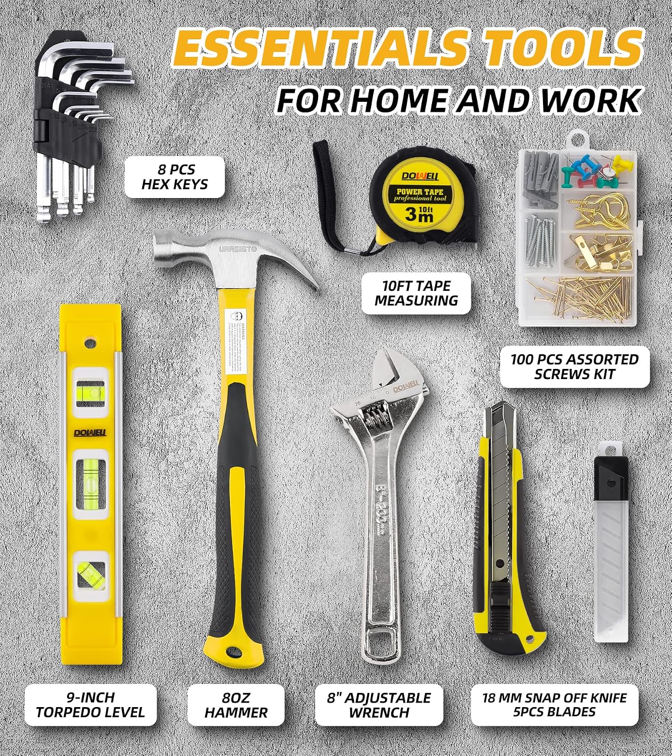 DOWELL 146PCS Homeowner Tool Set, Household Repairing Tool Kit with 14-Inch Wide Mouth Open Storage Tool Bag
