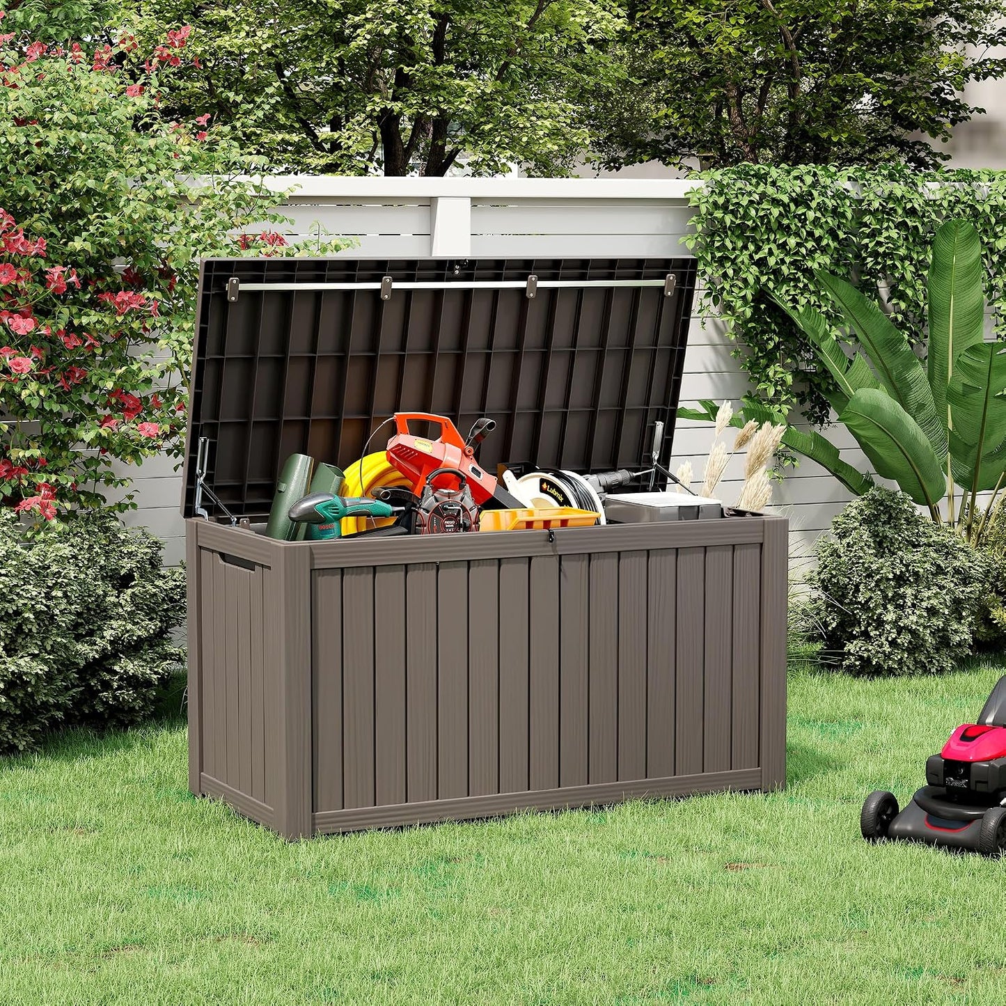 NUNU LAB Outdoor Storage Box, 45 Gallon Outside Deck Box Waterproof, Resin Outdoor Storage Cabinet With Lockable Lid, Backyard Storage Bench For Garden Tools, Patio Cushions, Pool Tools, Black