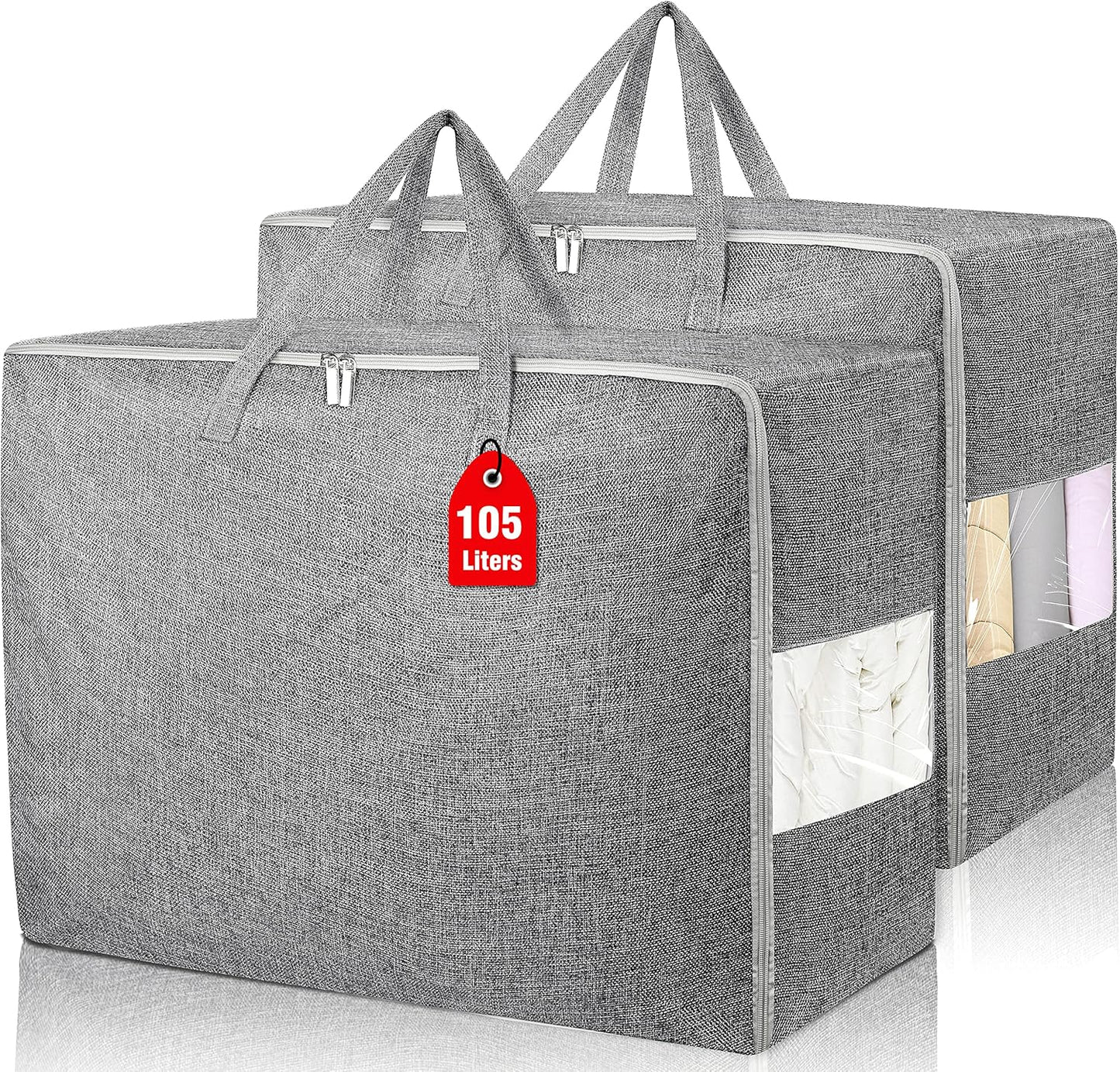 105L Extra Large Storage Bags, Folding Moving Comforter Blanket Storage Bags Closet Organizers and Storage Containers for Clothes with Strong Handles&Zippers Clear Window for Bedding Pillow Grey 2Pack