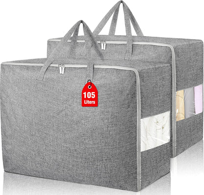 105L Extra Large Storage Bags, Folding Moving Comforter Blanket Storage Bags Closet Organizers and Storage Containers for Clothes with Strong Handles&Zippers Clear Window for Bedding Pillow Grey 2Pack