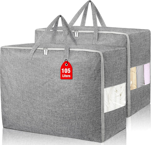 105L Extra Large Storage Bags, Folding Moving Comforter Blanket Storage Bags Closet Organizers and Storage Containers for Clothes with Strong Handles&Zippers Clear Window for Bedding Pillow Grey 2Pack