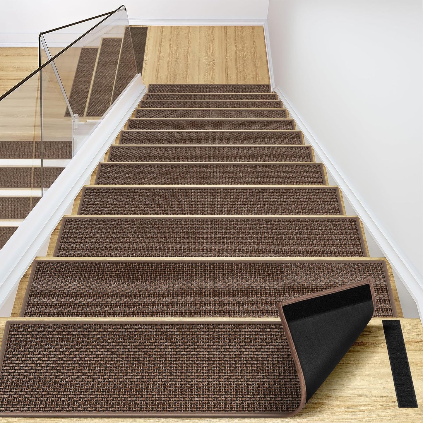 Peel and Stick Carpet Stair Treads for Wooden Steps Set of 15, Non Slip Adhesive Jute Stair Mats Indoor, Rubber Backing Safety Step Pads Mats, Grey, 8"x30"